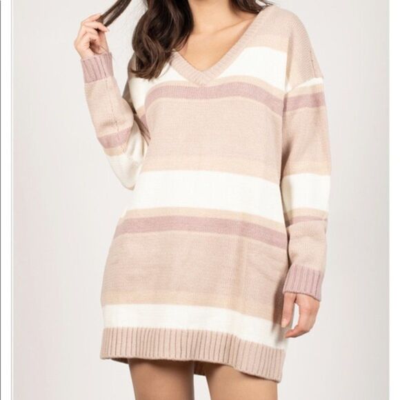Tobi Beige/Tan Striped Knit V-Neck Sweater Dress With Pockets Sz S - Picture 1 of 16